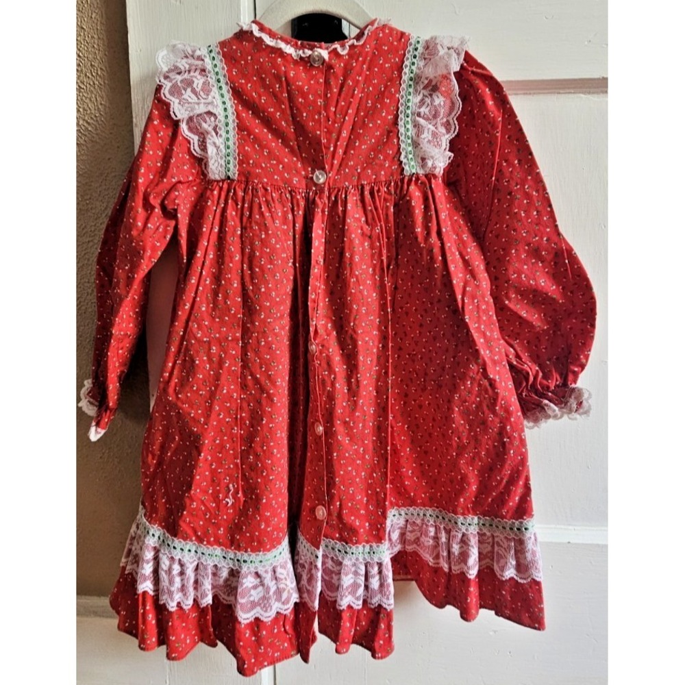 Vtg Bryan girls Sz 5 floral calico Christmas dress intricate white lace ribbon - Picture 2 of 7